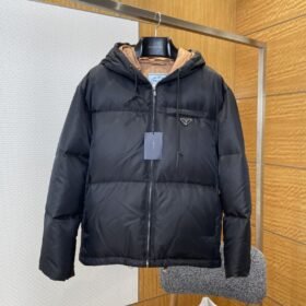 Prada Enameled Triangle Logo Drawstring Hooded Quilted Down Jacket