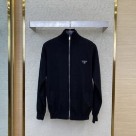 Prada Wool Leather Label Zip Cardigan
