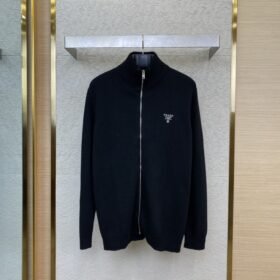 Prada Wool Embroidered Zip Cardigan Black