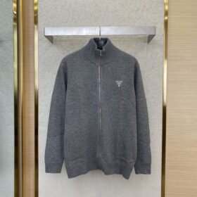 Prada Wool Embroidered Zip Cardigan Grey