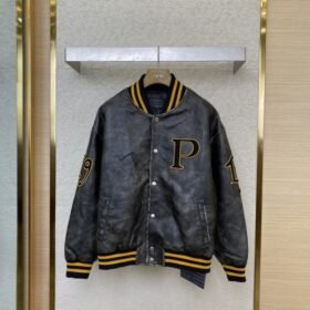 Prada Vintage Aged Baseball Leather Jacket Jacket Black