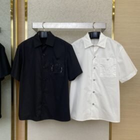 LV Beaded Embroidery Lapel Short Sleeve Shirt Black