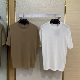 LV Jacquard Sleeve Knit Crew Neck Short Sleeve T-Shirt Khaki