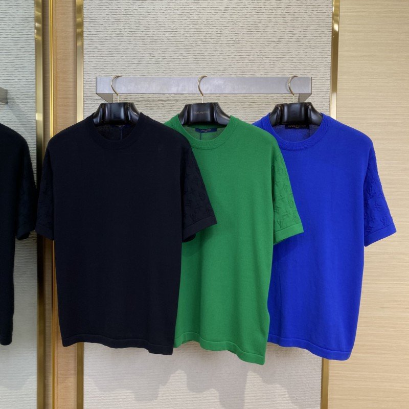 wsxc1746847607077_0-1.jpg LV Jacquard Sleeve Knit Crew Neck Short Sleeve T-Shirt Blue - 图片 1