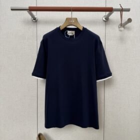 HERMES Short Sleeve T-Shirt with Clashing Cuffs Navy