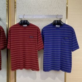 Miu Miu Striped Pocket Logo Cotton Round Neck Short Sleeve T-Shirt Blue
