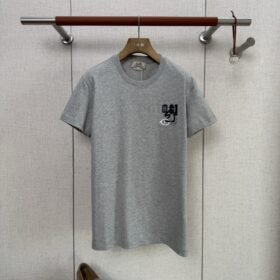 HERMES Leather Embroidered Crew Neck Short Sleeve T Sleeve Grey