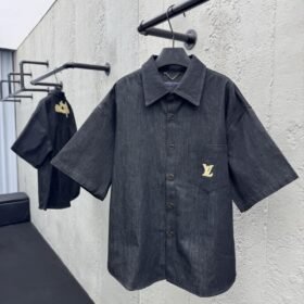 Lv 25Ss new black cotton lapel short sleeve shirt
