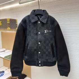 LV Genuine Leather Beaded Flocked Checkered Baseball Jacket