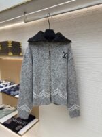 LV Letter Print Zipper Collar Long-Sleeve Knit Sweater