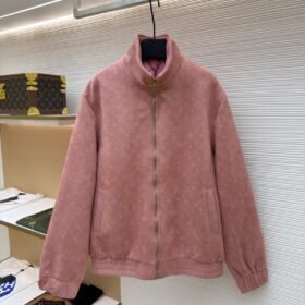 LV Embossed Suede Stand Collar Zipper Long Sleeve Leather Jacket 1