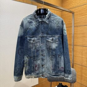 Balenciaga Graffiti-Print Distressed Denim Jacket