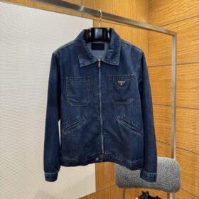Prada Washed Zipper Long-Sleeve Denim Jacket Coat