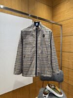 Dior Checkered Stand Collar Embroidered Long-Sleeve Jacket Coat