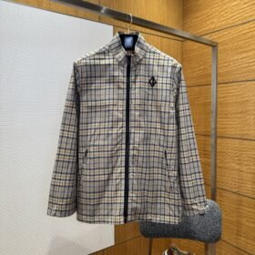 Dior Checkered Stand Collar Embroidered Long-Sleeve Jacket Coat