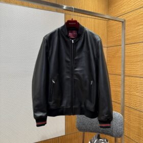 Gucci Logo Embroidered Leather Jacket Coat