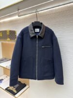 Miu Miu Distressed Washed Leather Collar Zip-Up Cotton Jacket