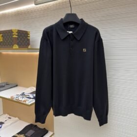 Fendi Double F Gold-Embossed Logo Knit Polo Shirt 2