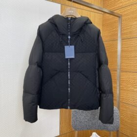LV Full-Print Patchwork Hooded Down Jacket