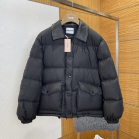 Miu Miu Logo Print Leather Collar Down Jacket 2
