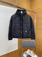 LV leather label color blocked hooded lightweight down jacket 2