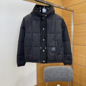 LV leather label color blocked hooded lightweight down jacket 2