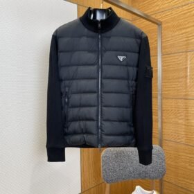 Prada Sleeve Logo Knit Panel Stand Collar Down Jacket