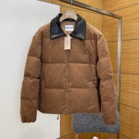 Miu Miu Embroidered Logo Leather Collar Corduroy Down Jacket
