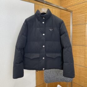 Prada Enameled Triangle Logo Stand Collar Quilted Down Jacket