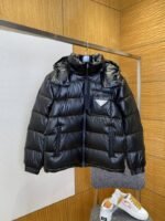Prada Enameled Triangle Logo Hooded Glossy Down Jacket 2