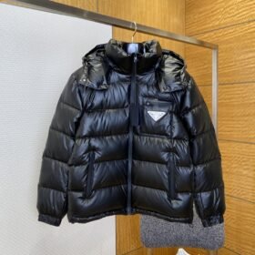 Prada Enameled Triangle Logo Hooded Glossy Down Jacket 2