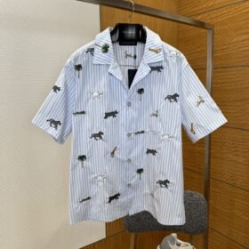 LV Animal Embroidered Striped Short-Sleeve Shirt