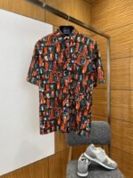 Prada Color-Blocked Artistic Checkered Short-Sleeve Collared Shirt