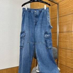 Dior Embroidered Oversized-Pocket Workwear-Style Wide-Leg Jeans