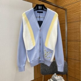 LV Pocket Embroidered V-Neck Color-Block Knit Cardigan